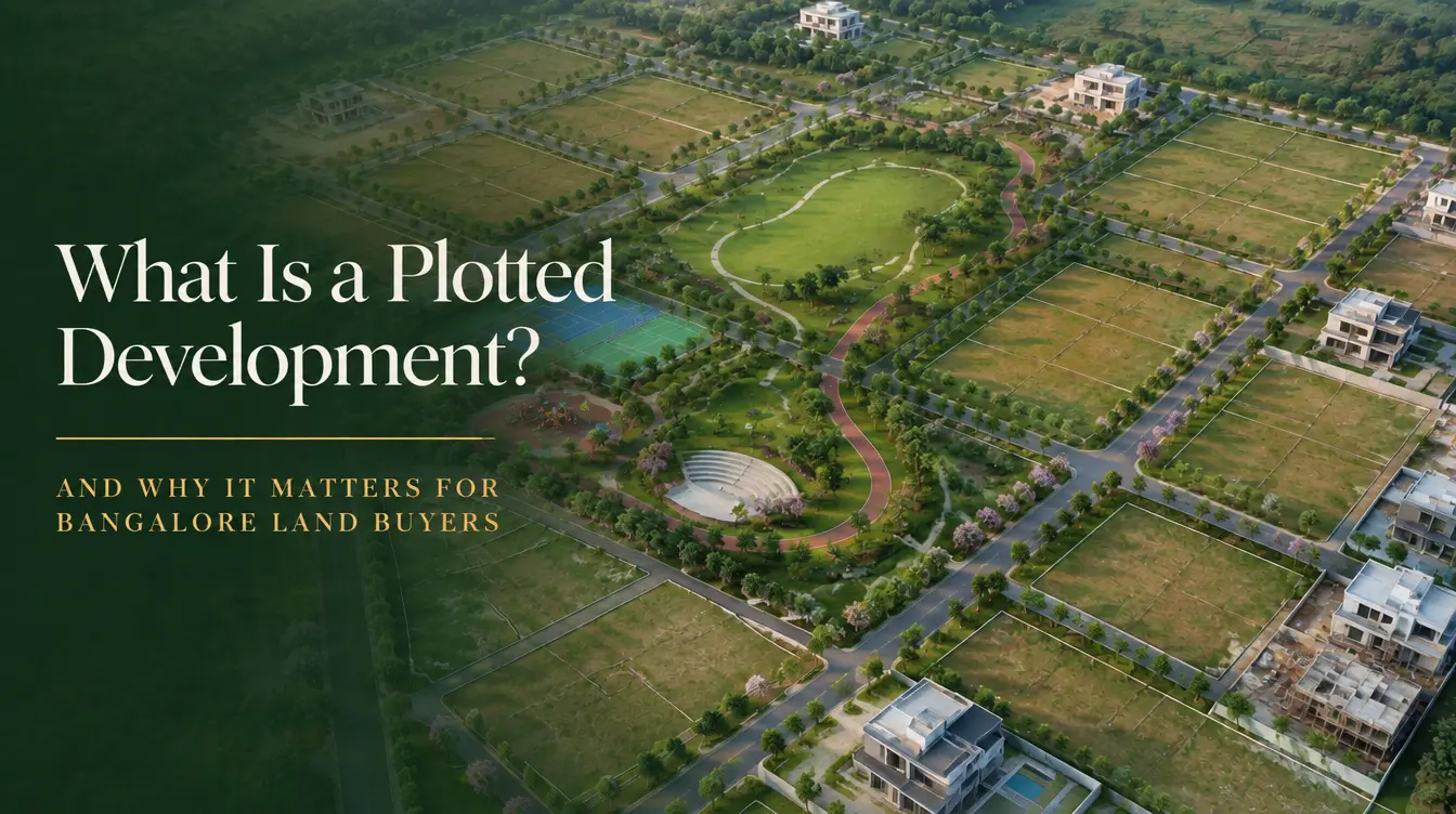Aerial view of a plotted development in Bangalore with marked plots, internal roads, and drainage.