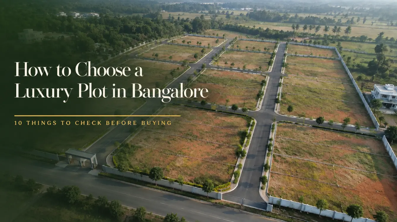 Aerial view of a planned residential plot layout with roads and greenery in Bangalore.