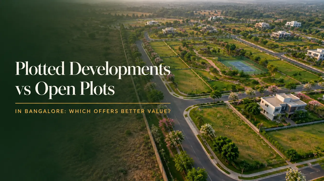 Aerial view of a planned plotted development with roads and green spaces near an open plot area in Bangalore.