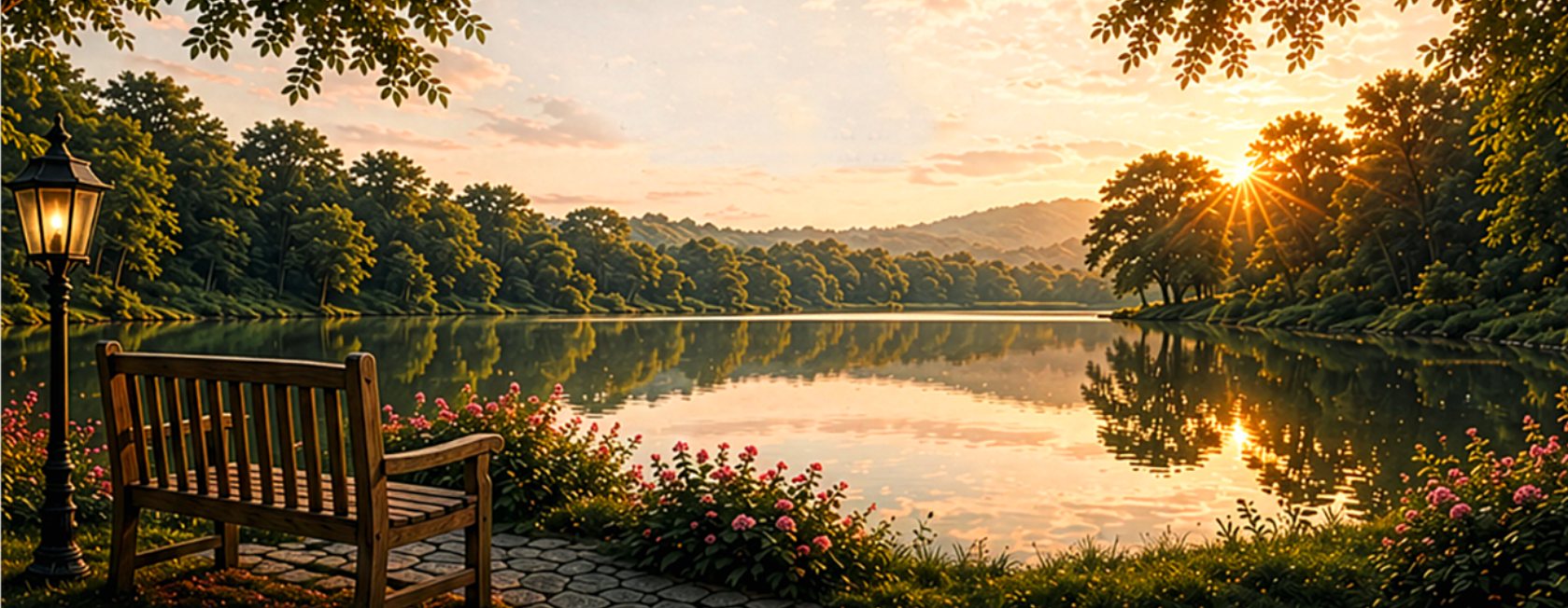 A quiet lake at sunset with a bench and blooming garden