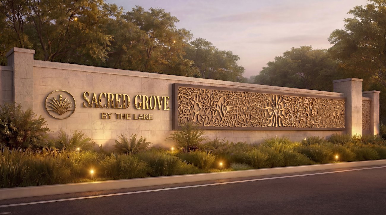 Sacred Grove by the Lake entrance signage at dusk